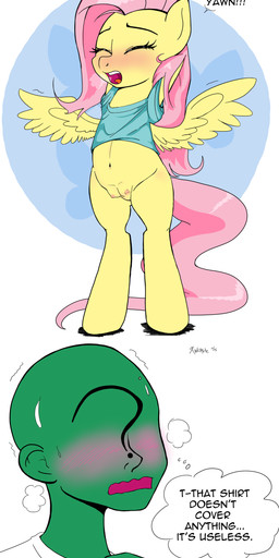 ?_face blush bodily_fluids clothing dialogue duo eyes_closed feathered_wings feathers female feral hair male navel nipples open_mouth pink_hair shirt standing sweat teats text thought_bubble topwear wings yawn yellow_body yellow_feathers rhk friendship_is_magic hasbro my_little_pony mythology anon fluttershy_(mlp) equid equine human mammal mythological_creature mythological_equine pegasus 2015 absurd_res english_text hi_res