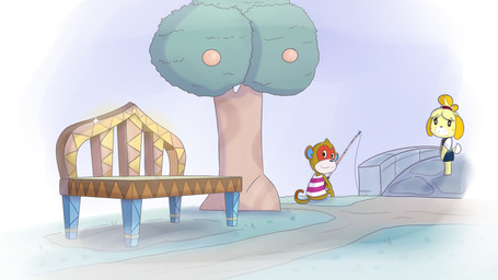 anthro bangs bench black_eyes blue_bottomwear blue_clothing blue_inner_ear blue_skirt blue_sky bottomless bottomless_anthro bottomless_male bottomwear bridge brown_body brown_fur brown_tail cheek_spots closed_smile clothed clothed_anthro clothed_female clothed_male clothing dipstick_tail duo facial_markings female fishing_rod floppy_ears fog fruit_tree fully_clothed fully_clothed_anthro fully_clothed_female fur grass green_clothing green_topwear green_vest hair head_markings holding_fishing_rod holding_object light lop_ears male markings mouth_closed multicolored_body multicolored_fur multicolored_hair no_eyebrows orange_hair outside path pattern_clothing pattern_shirt pattern_tank_top pattern_topwear plant ponytail pupils red_hair_tie shirt sitting sitting_on_ground skirt sky smile standing straight_leg striped_clothing striped_shirt striped_tank_top striped_topwear stripes tail tail_markings tank_top topwear tree two_tone_hair two_tone_tail vest white_clothing white_markings white_pupils white_shirt white_tail_tip white_tank_top white_topwear yellow_body yellow_fur yellow_tail cookieboy011 animal_crossing nintendo isabelle_(animal_crossing) simon_(animal_crossing) canid canine canis domestic_dog haplorhine mammal monkey primate shih_tzu toy_dog 16:9 2021 colored digital_drawing_(artwork) digital_media_(artwork) english_description hi_res lighting shaded story story_in_description widescreen