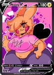 anthro big_breasts black_sclera breasts card card_template clothing dipstick_ears dipstick_tail ear_markings female gesture hair hair_over_eye hand_gesture huge_hips huge_thighs markings middle_finger multicolored_ears one_eye_obstructed orange_hair shirt smile solo tail tail_markings text thick_thighs topwear trading_card trading_card_template white_eyes wide_hips lewd_dorky nintendo pokemon penny_(dork_boi) generation_1_pokemon pikachu pokemon_(species) english_text