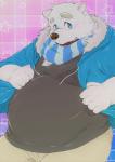 anthro belly blue_eyes blush bottomwear clothing fur hoodie humanoid_hands male overweight overweight_anthro overweight_male pants scarf shirt solo topwear white_body white_fur lost_out_gi utau shirane_kan bear mammal polar_bear ursine 2018 hi_res