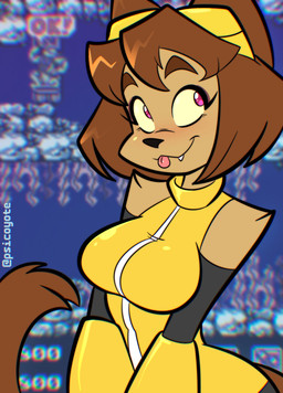 anthro arm_tuft blep breasts brown_body brown_hair clothing cute_fangs eyebrows eyelashes eyewear eyewear_on_head fangs female goggles goggles_on_head hair magenta_eyes shoulder_tuft smile solo teeth tongue tongue_out tuft whiskers yellow_clothing yellow_sclera psicoyote gameoverse glitch_productions kit_bodega domestic_cat felid feline felis mammal 2026 absurd_res hi_res