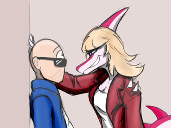 anthro bald bangs big_eyes blonde_hair blue_clothing blue_eyes blue_jacket blue_topwear bone_frill breasts bully clothed clothed_anthro clothed_female clothing cornered dominant dominant_anthro dominant_female duo eyewear female fingers frill_(anatomy) hair hand_on_wall humanoid_hands jacket kabedon long_hair looking_at_another male male/female medium_breasts nervous non-mammal_breasts open_clothing open_jacket open_topwear pink_body red_clothing red_jacket red_topwear shirt smile spiked_tail spikes spikes_(anatomy) sunglasses tail topwear white_body white_clothing white_shirt white_topwear wide_eyed kaewhy cavemanon_studios i_wani_hug_that_gator inco_(iwhtg) mia_moretti dinosaur hadrosaurid human mammal ornithischian ornithopod parasaurolophus prehistoric_species reptile scalie 4:3 colored shaded