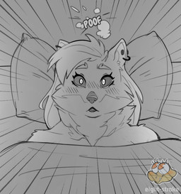anthro bed_covers bedding black_nose blush blush_lines cheek_tuft ear_piercing ear_ring eyebrows eyelashes facial_tuft female fur hair inner_ear_fluff long_hair piercing pillow ring_piercing solo text tuft waking_up wide_eyed eight_strokes canid canine canis mammal wolf 2024 artist_name monochrome