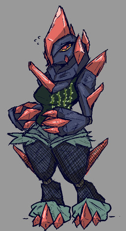 anthro bodily_fluids claws clothed clothing female fishnet_clothing fishnet_legwear grey_background legwear looking_away nervous red_eyes simple_background solo spikes spikes_(anatomy) sweat sweatdrop thick_thighs toe_claws yellow_sclera mik3hawk nintendo pokemon elemental_creature generation_5_pokemon gigalith pokemon_(species) colored