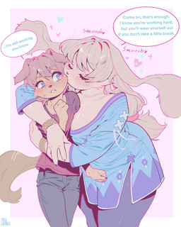 4_fingers anthro biped blue_eyes blush bottomwear breasts brown_body brown_fur brown_hair brown_tail clothed clothed_anthro clothed_female clothed_male clothing dialogue duo eyes_closed female fingers front_view fully_clothed fully_clothed_anthro fully_clothed_female fully_clothed_male fur hair male simple_background speech_bubble standing tail text topwear aruurara retriever_(aruurara) sophia_(aruurara) canid canine canis domestic_dog lagomorph leporid mammal rabbit 2025 absurd_res digital_drawing_(artwork) digital_media_(artwork) english_text hi_res