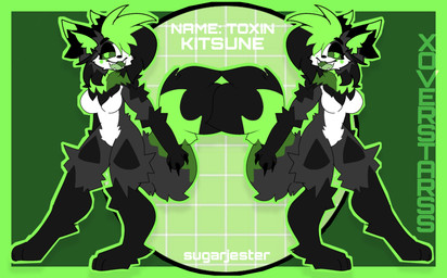 anthro black_body black_claws black_ears black_fur black_hair black_nose black_tail border breasts butt circle claws fangs female fur geometric_background green_background green_border green_ears green_hair green_outline green_tail green_tongue grey_body grey_fur grey_inner_ear_fluff grey_tail grid_background hair inner_ear_fluff multicolored_body multicolored_ears multicolored_fur multicolored_hair neck_tuft open_mouth outline pattern_background short_tail simple_background solo standing symmetry tail teeth text tongue tuft two_tone_ears two_tone_hair white_body white_fur y2k_(graphic_design) sugarjester bandai_namco digimon toxin_(sugarjester) canid digimon_(species) mammal renamon digital_media_(artwork) english_text full-length_portrait green_theme hi_res model_sheet portrait signature