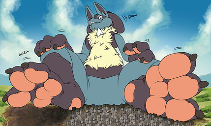 3_fingers 3_toes anthro biped black_body black_feet black_fur black_hands black_inner_ear black_nose blue_body blue_ears blue_fur body_size_growth building building_destruction chest_spike city city_destruction claws cloud day destruction detailed_background featureless_crotch feet fingerpads fingers foot_focus footprint fur giga gloves_(marking) grin grinning_at_viewer hand_on_knee hand_on_leg hand_on_own_knee hand_on_own_leg landscape_dwarfing leg_markings looking_at_viewer looking_down looking_down_at_viewer macro macro_anthro macro_male male male_anthro markings motion_lines multicolored_body multicolored_fur nude nude_anthro nude_male onomatopoeia outside pawpads pink_pawpads plantigrade sitting size_transformation sky smile smiling_at_viewer socks_(marking) solo sound_effects spikes spikes_(anatomy) spread_legs spreading teeth text toe_claws toes transformation white_spikes yellow_body yellow_fur teaselbone nintendo pokemon generation_4_pokemon lucario pokemon_(species) 2022 digital_media_(artwork) english_text signature