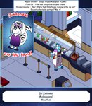 anthro blueberry_kobold breasts cafeteria claws clothed clothing coat digital_media_(artwork) doll dress drxii english_text female food hair hi_res ice kobold kobold_quest lab_coat non-mammal_breasts patreon patreon_logo reptile scalie smile solo tail text text_box topwear zig_zag
