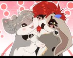 anthro blush chibi duo ears_down female fur grey_body grey_fur hair horn hug hugging_another long_ears male open_mouth pivoted_ears red_hair simple_background smile tongue shyryp shyryp_(character) hybrid lagomorph mammal 2024 absurd_res digital_media_(artwork) hi_res