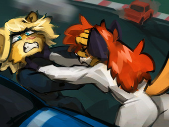 angry anthro asphyxiation black_jumpsuit blonde_hair blue_car blue_eyes car choking clenched_teeth clothed clothed_anthro clothed_female clothing duo female fight fur hair hand_on_face male orange_body orange_fur pink_nose race_car racing_suit red_car red_hair smoke tail tan_body tan_fur teeth vehicle white_jumpsuit peppertoasty pepper_(sketchytoasty) rosanna_(beatleboy62) canid canine cougar felid feline fox mammal 2024 4:3 digital_media_(artwork) digital_painting_(artwork) hi_res painting_(artwork) shaded