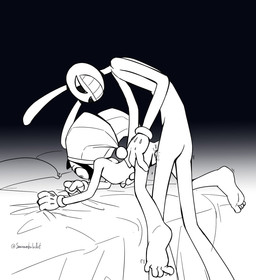 4_fingers bed bed_sheet bedding bedroom_eyes clothing duo feet female fingers fool's_hat furniture gloves grabbing_sheets handwear hat headgear headwear larger_male male male/female narrowed_eyes nude nude_female nude_male penetration pillow seductive sex shocked size_difference smaller_female smile toes vaginal vaginal_penetration somnambulaart glitch_productions the_amazing_digital_circus jax_(tadc) pomni_(tadc) humanoid lagomorph leporid mammal rabbit hi_res