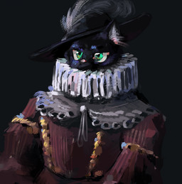 ambiguous_gender anthro black_body black_fur clothing fur green_eyes grey_background hat hat_feather headgear headwear looking_forward loose_feather pink_nose red_clothing red_shirt red_topwear ruff_(clothing) shirt simple_background solo topwear babanasaur safero_(safero) domestic_cat felid feline felis mammal 2021 digital_media_(artwork) hi_res