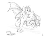 anthro computer electronics featureless_crotch hair laptop male membrane_(anatomy) membranous_wings nude scales solo tail tail_tuft tuft wings flinters mythology rooth dragon mythological_creature mythological_scalie scalie greyscale hi_res monochrome sketch