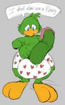 anthro avian_feet balls big_balls big_penis boxers_(clothing) clothing dialogue erection feathers genitals green_body green_feathers grey_background heart_boxers heart_clothing heart_symbol heart_underwear huge_balls huge_penis humanoid_genitalia humanoid_penis male non-mammal_balls penis simple_background solo speech_bubble text underwear inisuu disney legend_of_the_three_caballeros the_three_caballeros jose_carioca avian bird parrot english_text unavailable_at_source