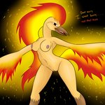 anthro anthrofied black_background dialogue elemental_manipulation embers feathers female fire fire_manipulation flaming_hair flaming_tail flaming_wings genitals looking_at_viewer pokemorph pseudo_hair pussy simple_background solo tail text unusual_anatomy unusual_wings wings yellow_body yellow_feathers rorrek mythology nintendo pokemon avian generation_1_pokemon legendary_pokemon moltres mythological_avian mythological_bird mythological_creature mythological_firebird pokemon_(species) 1:1 english_text hi_res