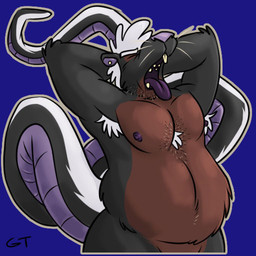 anthro armpit_hair belly big_tail body_hair chest_tuft ear_piercing hair long_tail male open_mouth overweight overweight_male piercing solo sticker tail tongue tongue_out tuft white_hair yawn gtskunkrat gtskunkrat_(character) hybrid mammal mephitid murid murine rat rodent skunk 1:1