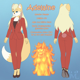 anthro blonde_hair blue_eyes bottomwear clothing female footwear fur hair looking_at_viewer orange_body orange_fur pants ponytail rear_view red_clothing shoes solo suit suit_jacket text white_body jm-luxro canid canine fox mammal 1:1 absurd_res english_text hi_res model_sheet