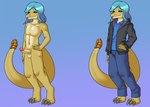 3_toes 5_fingers anthro balls barefoot black_sclera blue_hair bottomwear claws clothed clothing denim denim_bottomwear denim_clothing erection featureless_chest feet fingers flat_chested genitals hair hoodie humanoid_genitalia humanoid_penis jacket jeans long_hair male nude pants penis rattle_(anatomy) scales shirt solo toe_claws toes topwear yellow_body yellow_scales beaverbastard marr_(phantomotc) humanoid pit_viper rattlesnake reptile scalie snake viper absurd_res hi_res