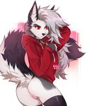 anthro bottomless butt canid canid_demon canine clothed clothing collar demon ear_piercing ear_ring female fingerless_gloves fluffy fluffy_tail genitals gloves grey_hair hair handwear hellhound helluva_boss hi_res hihikori hoodie inner_ear_fluff innie_pussy legwear loona_(helluva_boss) mammal mythological_canine mythological_creature mythology no_underwear partially_clothed piercing pussy red_eyes ring_piercing solo spiked_collar spikes tail thigh_highs topwear tuft