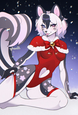 anthro bangs black_eyebrows black_nose blep blue_eyes blush breasts butt butt_from_the_front christmas_clothing claws clothing eyebrows eyelashes female fingers fur hair heterochromia holidays legwear leotard looking_at_viewer medium_breasts medium_hair multicolored_body multicolored_fur multicolored_hair navel pink_eyes red_clothing red_leotard sitting small_waist snow snowing solo stockings tail tongue tongue_out white_claws white_clothing white_legwear white_stockings cepto_(artist) christmas mammal mephitid skunk colored digital_drawing_(artwork) digital_media_(artwork) hi_res shaded