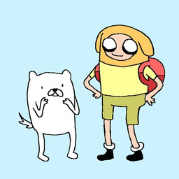 anthro backpack blue_background bottomwear clothing duo footwear legwear male pants role_reversal shirt shoes simple_background socks topwear lilnanny adventure_time adventure_time_(kaboom!) cartoon_network adventure_tim canid canine canis domestic_dog mammal 1:1 low_res