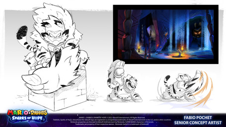 3_toes ambiguous_anthro ambiguous_gender anthro attack beard black_stripes black_tail_tip bottomwear brick brick_wall cave clothing copyright_symbol dipstick_tail duo ear_tuft empty_eyes facial_hair fangs feet fur furrowed_eyebrows gauntlets_(weapon) glowing glowing_eyes hair holding_object holding_torch inside jewelry long_ears male male_anthro markings mitten_hands motion_lines necklace noseless on_wall open_mouth open_smile rock short_hair short_legs shorts simple_background sitting smile stairs striped_markings striped_tail stripes symbol tail tail_markings teeth text title toes tongue torch torn_bottomwear torn_clothing torn_shorts tuft two_tone_tail wall_(structure) water white_background white_beard white_body white_facial_hair white_fur white_hair white_tail white_tongue year fabio_pochet mario_bros mario_plus_rabbids_sparks_of_hope nintendo raving_rabbids rayman_(series) ubisoft wildclaw_(mario_plus_rabbids) felid hybrid lagomorph mammal pantherine rabbid tiger 16:9 2022 4k absurd_res artist_name colored concept_art crossover digital_drawing_(artwork) digital_media_(artwork) english_description english_text hi_res official_art shaded widescreen