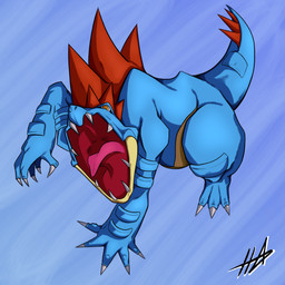 armor back_spikes blue_body body_armor claws countershade_face countershade_jaw countershading feral finger_claws gaping_mouth head_spikes open_mouth pink_tongue red_mouth sharp_teeth snout solo spiked_tail spikes spikes_(anatomy) tail teeth throat toe_claws tongue havokguardian15 nintendo pokemon feraligatr generation_2_pokemon pokemon_(species) 1:1 absurd_res hi_res signature