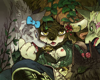anthro belt black_nose blue_eyes blush bra breasts clothed clothing crowded detailed_background female feral forest green_eyes group kemono leaf looking_at_viewer male nipples open_clothing open_mouth open_shirt open_topwear outside plant red_eyes ribbons shirt teeth topwear tree underwear wood yellow_eyes zipper utsuki_maito canid canine canis domestic_pig mammal suid suine sus_(pig) wolf 2010 5:4 japanese_description