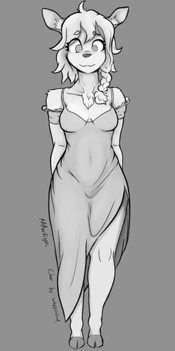 anthro braided_hair breasts chest_tuft clothed clothing dress female fully_clothed hair hands_behind_back medium_breasts simple_background standing tuft mmmardigan almond_(waspsalad) deer mammal new_world_deer hi_res monochrome signature