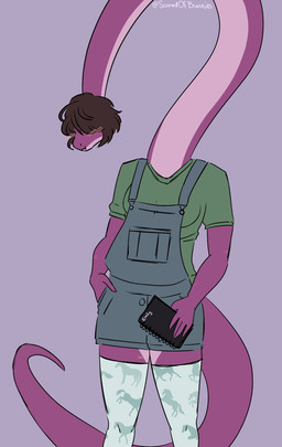 anthro biped blush breasts brown_hair clothed clothed_anthro clothed_female clothing female fingers front_view frown green_clothing green_shirt green_topwear hair holding_object humanoid_hands journal legwear long_neck long_tail medium_breasts medium_hair non-mammal_breasts overalls purple_background purple_body pursed_lips shirt simple_background solo standing tail text thigh_highs topwear scaredofbunnies devlog:_a_post-modern_college_experience emily_(devlog) brontosaurus dinosaur diplodocid diplodocoid prehistoric_species reptile saurischian sauropod sauropodomorph scalie 2025 artist_name colored hi_res portrait three-quarter_portrait