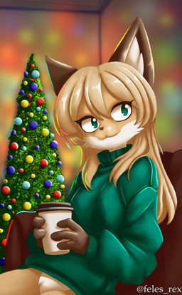 anthro christmas_tree clothing container cup female furniture green_eyes holidays inside looking_at_viewer plant sitting sofa solo sweater tan_body topwear tree conditional_dnp rex_feles christmas averi_(fiddleafox) canid canine fox mammal absurd_res hi_res