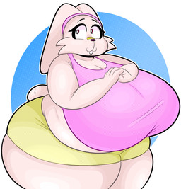 accessory anthro belly big_belly big_breasts black_eyebrows blue_background bottomwear breasts clothing crop_top ears_down eyebrows eyelashes female headband huge_breasts huge_thighs hyper hyper_breasts overweight overweight_anthro overweight_female pink_clothing pink_crop_top pink_eyes pink_headband pink_nose pink_shirt pink_topwear pivoted_ears scut_tail shirt short_tail shorts simple_background smile solo tail thick_thighs three-quarter_view tight_clothing topwear white_background white_body white_ears white_tail yellow_bottomwear yellow_clothing yellow_shorts blitzyflair nintendo pokemon cassi_(reathe) generation_8_pokemon lagomorph leporid mammal pokemon_(species) rabbit scorbunny 2026 colored digital_media_(artwork) hi_res portrait shaded three-quarter_portrait