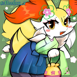 3_fingers ambiguous_anthro ambiguous_gender anthro arm_tuft armwear asian_clothing biped black_body black_fur blue_clothing blush blush_stickers bottomwear cheek_tuft claws clothed clothed_ambiguous clothed_anthro clothing cute_fangs detached_sleeves east_asian_clothing eyelashes facial_tuft fangs finger_claws fingers flower_hair_accessory fluffy fluffy_tail front_view fully_clothed fully_clothed_ambiguous fully_clothed_anthro fur green_background green_clothing hakama hip_tuft holding_bag inner_ear_fluff japanese_clothing leaning leaning_forward looking_at_viewer multicolored_body multicolored_fur official_alternate_costume open_:3 open_mouth open_smile orange_body orange_eyes orange_fur orange_inner_ear_fluff orange_nose pointy_ears prick_ears shoulder_tuft simple_background smile snout solo standing tail teeth thick_eyelashes tongue tuft white_body white_claws white_fur yellow_body yellow_fur yellow_tail meekax_x nintendo pokemon pokemon_cafe_remix braixen canid generation_6_pokemon mammal pokemon_(species) 2023 colored digital_drawing_(artwork) digital_media_(artwork) english_description hi_res portrait shaded three-quarter_portrait