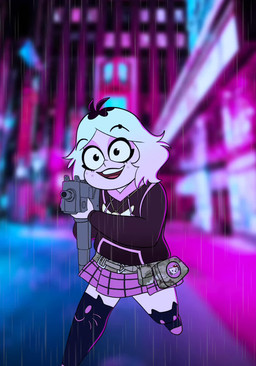 anthro back_wings bandolier blue_eyes blue_hair blurred_background bottomwear cat_stockings city city_background clothing dipstick_tail female footwear freckles gun hair hoodie jewelry legwear mac-10 markings membrane_(anatomy) membranous_wings multicolored_hair music necklace open_mouth open_smile pink_hair pink_sclera raining ranged_weapon red_sky skirt sky smile socks solo stockings submachine_gun tactical_gear tail tail_markings topwear transition two_tone_hair weapon wings aceshellshocked hellaverse hello_kitty_(series) helluva_boss sanrio emberlynn_pinkle hello_kitty_(character) felid felid_demon human mammal sinner_demon animated hi_res short_playtime sound video