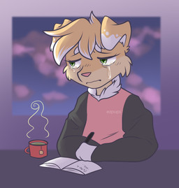 ambiguous_gender anthro beverage bodily_fluids book cheek_tuft clothed clothing container crying cup ear_markings facial_tuft floppy_ears fluffy frown fur green_eyes head_tuft markings mug neck_tuft pink_nose shirt snout solo steam tan_body tan_fur tea tears topwear tuft white_markings writing_utensil ezpups myth_(ezpups) canid canine canis domestic_dog fox hybrid mammal