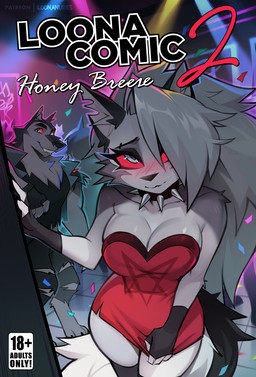4_fingers anthro big_breasts black_body black_fur blush breasts clothed clothed_anthro clothed_female clothed_male clothing collar dress female fingers fluffy fluffy_tail fur grey_body grey_fur grey_hair hair legwear long_hair male multicolored_body multicolored_fur nightclub red_clothing red_dress red_sclera spiked_collar spikes tail text white_body white_eyes white_fur conditional_dnp loonanudes hellaverse helluva_boss mythology loona_(helluva_boss) vortex_(helluva_boss) canid canid_demon canine demon hellhound mammal mythological_canine mythological_creature 2026 cover cover_art cover_page english_text hi_res