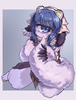 1_eye bangs blue_eyes blue_hair blush brown_clothing brown_dress cape clothing dress female fluffy fluffy_tail fur hair headgear headwear looking_at_viewer pink_body pink_fur sitting solo tail wariza azen_(pixiv) made_in_abyss pakkoyan cyclops humanoid narehate absurd_res hi_res