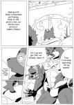 anthro bulge canid canine canis clothing comic crocodile crocodilian dialogue english_text hi_res hoshi_(a_side) jockstrap male mammal monochrome muscular raccoon_dog reagan700 reptile scalie simple_background tanuki text underwear white_background wolf