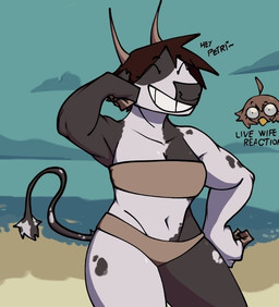 anthro beach clothing cutaway duo expression_cutaway eyes_closed female female/female flexing flexing_bicep multicolored_body navel outside pose sky smile swimwear tail text two-piece_swimsuit xarop77 macbeth_(xarop77) petra_(xarop77) avian bird bovid bovine cattle chicken galliform mammal phasianid 2023 digital_drawing_(artwork) digital_media_(artwork) english_text