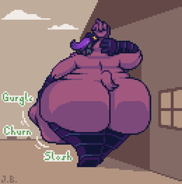 abdominal_bulge almost_fully_inside ambiguous_gender ambiguous_prey anthro beak belly belly_overhang big_belly big_butt building butt digestion digestion_noises female female/ambiguous female_pred group house huge_butt larger_female larger_pred leaning_against_wall multiple_prey nude obese obese_anthro obese_female open_beak open_mouth oral_vore outside overweight overweight_anthro overweight_female rear_view red_body short_tail size_difference standing struggling struggling_prey tail vore jellybru barb'dat_(jellybru) alien avian bird 2024 digital_media_(artwork) pixel_(artwork) signature