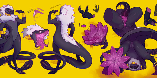 ambiguous_fluids anthro anus bodily_fluids bracelet butt claws fangs flower genital_fluids genitals hypnosis intersex jewelry maleherm mane markings mind_control mouth_shot open_mouth paws penis plant precum slime slit_penis solo standing_on_head sweat tail teeth toe_claws vaginal_fluids venomous vulva robieroi chimera hybrid lizard reptile scalie snake absurd_res hi_res model_sheet