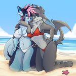 anthro arm_around_neck bat_wings beach bikini biped breasts chest_tuft cleavage clothed clothing cloud colored_edge_bikini duo ear_piercing female female/female flesh_tunnel fur gauged_ear grey_body grey_fur hair hand_on_hip looking_at_viewer membrane_(anatomy) membranous_wings midriff navel o-ring o-ring_bikini o-ring_bikini_bottom o-ring_bikini_top o-ring_swimwear outside piercing sand seaside sky small_wings smile spiky_hair swimwear tuft two-piece_swimsuit water wings mocha-wing mocha_(mocha-wing) asterozoan bat canid canine canis echinoderm mammal marine starfish wolf 2020 hi_res