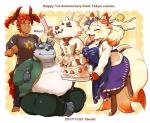 3_eyes anthro belly blush breasts cake candle clothed clothing dessert female food group kemono male multi_ear multi_eye obese overweight overweight_male text 1boshi lifewonders tokyo_afterschool_summoners hakumen_(tas) salomonkun tsathoggua_(tas) bovid canid canine caprine demon fox goat humanoid mammal 2018 english_text