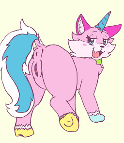 anus bedroom_eyes butt collar fangs female feral genitals hooves horn narrowed_eyes open_mouth paws pink_body presenting presenting_hindquarters raised_leg raised_tail seductive solo tail teeth vulva cringefailfurry lego mythology the_lego_movie unikitty domestic_cat equid equine felid feline felis hybrid mammal mythological_creature mythological_equine unicorn hi_res