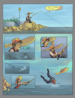clothing dialogue exclamation_point fishing fishing_rod group hat headgear headwear male red_clothing red_topwear red_vest rock sign signpost speech_bubble stairs topwear trio tugging vest water fauvfox nintendo pokemon arthropod avian bird crab crustacean decapod generation_1_pokemon gull human krabby lari larid malacostracan mammal pokemon_(species) 2017 comic hi_res