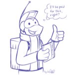 anthro drawing_tablet environmental_suit gesture hand_gesture holding_object looking_at_viewer male scarf simple_background smile solo text thought_bubble thumbs_up dsp2003 freefall_(webcomic) sam_starfall alien 2021 english_text half-length_portrait hi_res monochrome portrait