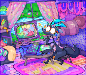 action_figure anthro bed big_butt big_tail butt container cucumber cup drawing_(action) drawing_program electronics eyewear feathers flower food fruit furniture glasses lake male monitor pillow plant plushie portal smile solo tail roksim kobold scalie hi_res