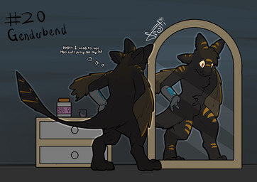 4_ears bedroom black_body black_fur brown_body brown_feathers dialogue feathers female fur gender_transformation mirror mirror_reflection multi_ear reflection self_inspection solo text transformation frostidragon ie_(leon962) teshari english_text hi_res