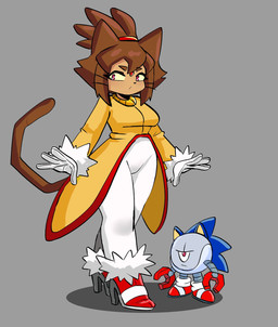 anthro bottomwear breasts brown_body brown_hair clothing cosplay crossover_cosplay duo eyewear eyewear_on_head female footwear forehead_gem gem gloves goggles goggles_on_head hair handwear high_heels machine magenta_eyes male pants shoes voice_actor_joke whiskers yellow_sclera peagade gameoverse glitch_productions sega sonic_the_hedgehog_(series) blaze_the_cat kaboodle_(gameoverse) kit_bodega sonic_the_hedgehog domestic_cat felid feline felis mammal robot 2026 crossover hi_res