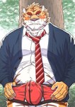 anthro blush bodily_fluids bulge clothed clothing detailed_background detailed_bulge erection erection_under_clothing genital_outline humanoid_hands kemono male necktie outside overweight overweight_male penis_outline plant shirt solo sweat topwear tree underwear yellow_body ryuta-h felid mammal pantherine tiger 2021 hi_res